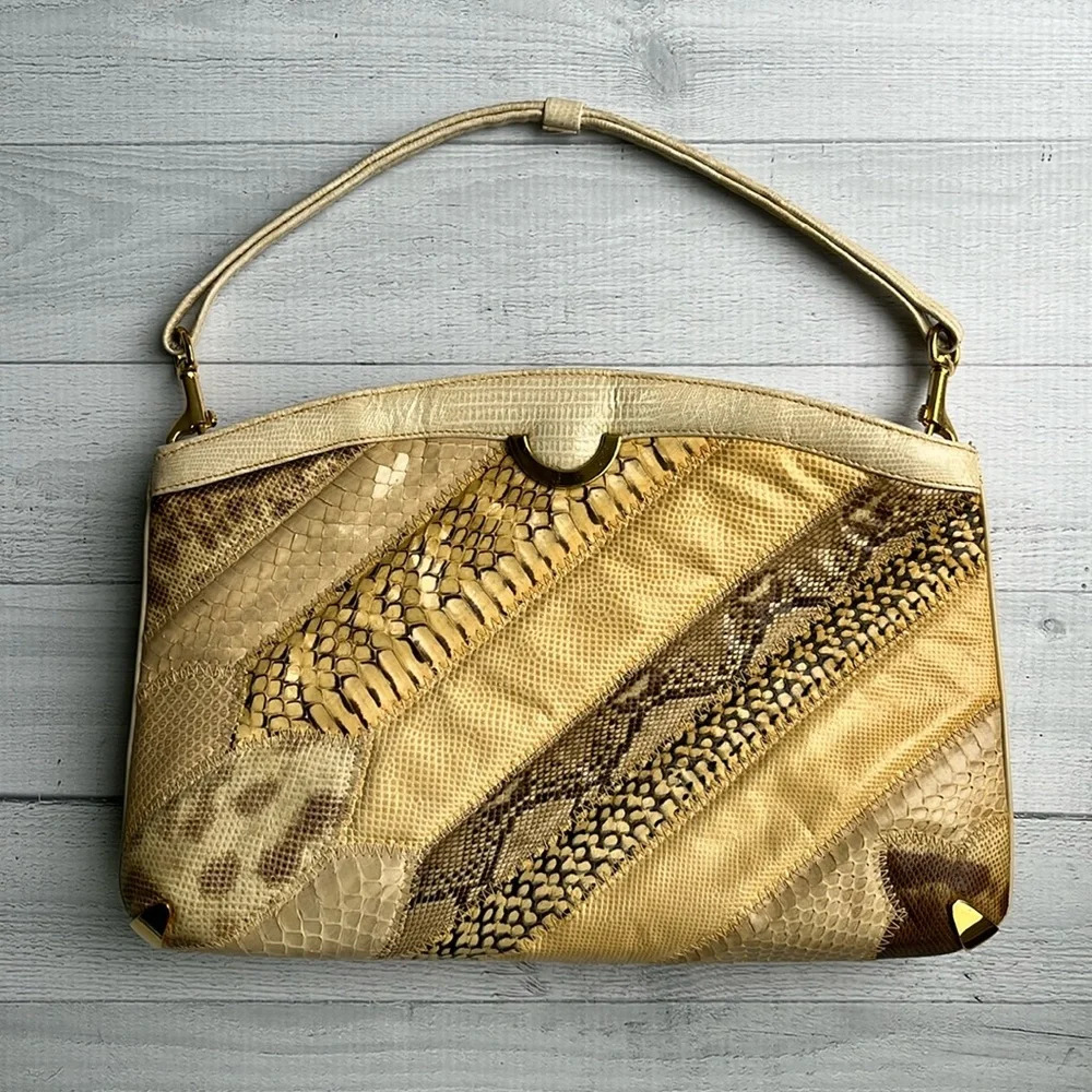Vintage 80s Bag By Supreme Beige Snakeskin Print Handbag